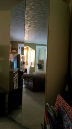 Tall mirror closet with shelving inside