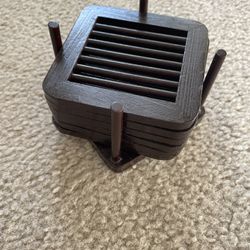 Elegant Set Of 6 Coasters + Holder - 4”x 4 Inch - Dark Brown 