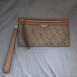 DKNY Bryant Item Wristlet Brown Logo Purse 