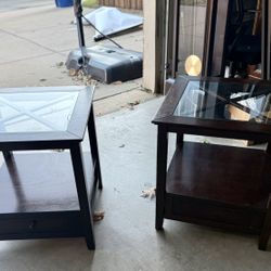 2 dark brown wood End Tables with drawers and glass top