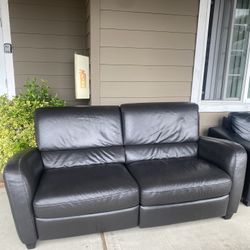 Black Real Leather Reclining Loveseat 