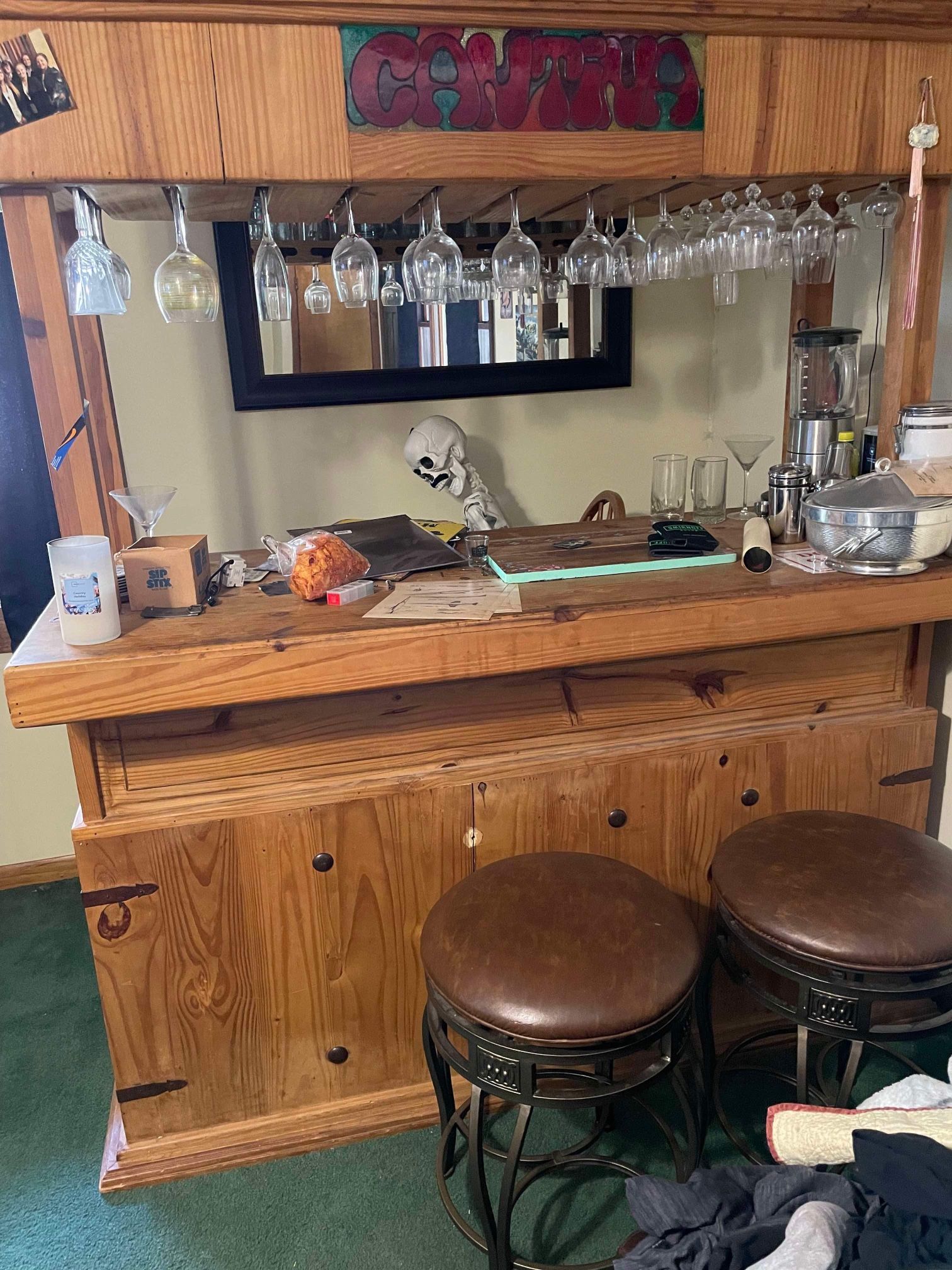 Bar, Glassware and Two Bar Stools