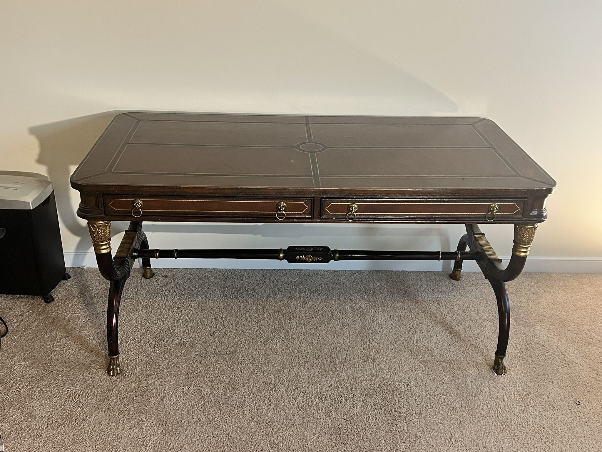 Classic Leather-Top Writing Desk with Ornate Metal Base