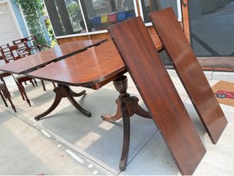 Dining table, 2 inserts, 5 chairs