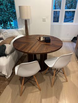 Mid-Century Round Walnut Dining Table Set (with 2 Chairs)