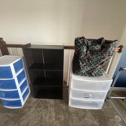 Household Items: Plastic Storage Drawers, Kids Bookshelf, Rolling Suitcase, Rolling Hamper