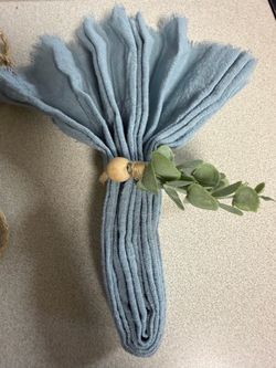 Dusty blue cotton linen napkins with fringe and boho eucalyptus napkin ring included