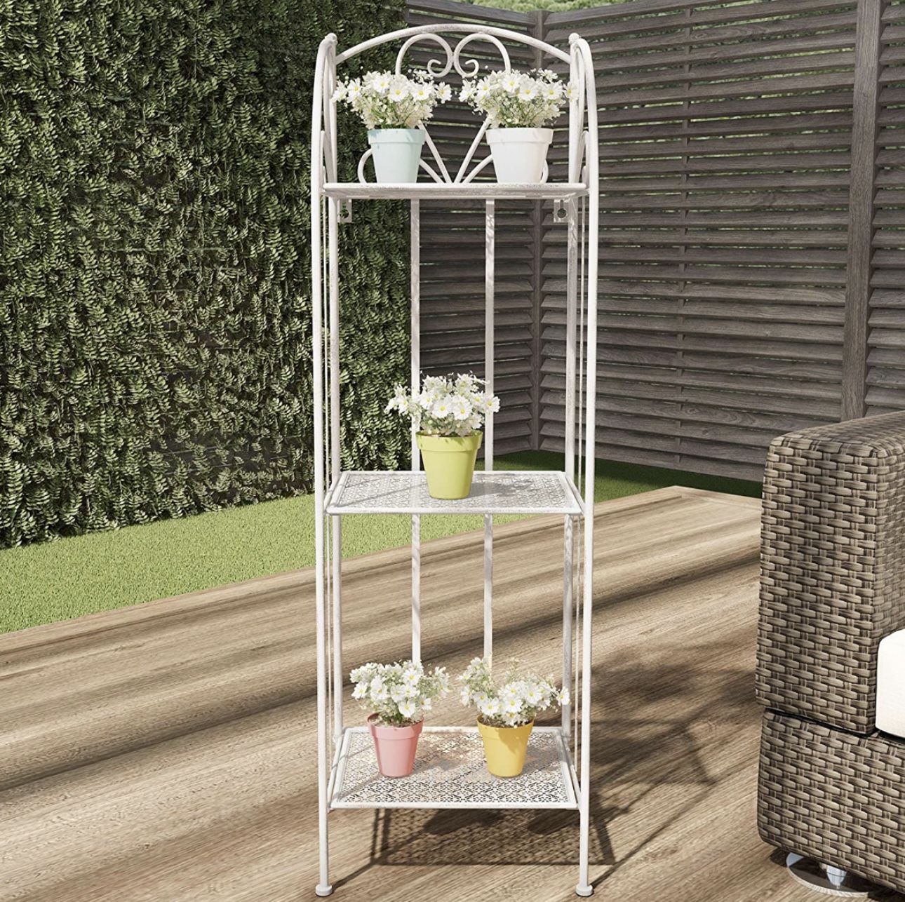 Plant Stand - 3-Tier Vertical Shelf Indoor or Outdoor Folding Wrought Iron Home Garden Display with Laser Cut Shelves (Antique White)