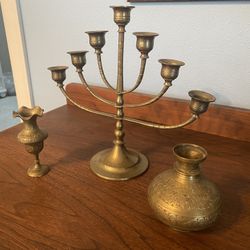 3 Piece Brass Candle Holder And Base Set - Great Condition