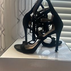 Open-toed Black High Heel Shoes- Size 6.5