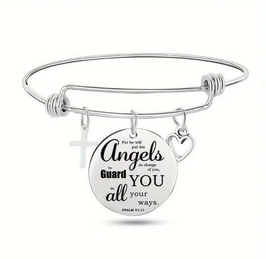 Lovely Christian Scripture Stainless  Steel  Angels Engraved Charm Bracelet 