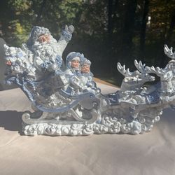 LINCOLNSHIRE Vintage Christmas Santa Sleigh With Reindeers/Children/Presents And Snow Accents  Blue/White