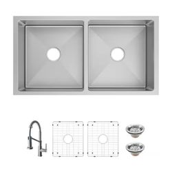 NEW IN BOX Glacier Bay Tight Radius 36 in. Undermount 50/50 Double Bowl 18 Gauge Stainless Steel Kitchen Sink with Spring Neck Faucet