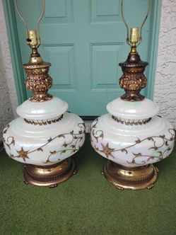 Vintage MCM  Falkenstein Table Lamp Pearl Milk Glass Gold Floral Hollywood Regency