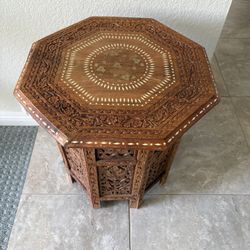 18” Octagonal Table Carved Wood Intricate Inlay Design