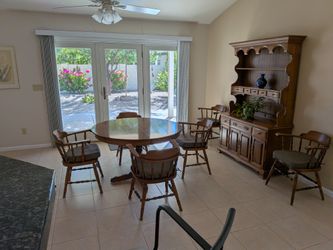 SOLID WOOD Vintage Dining Room Table, 6 Arm Chairs, and matching China