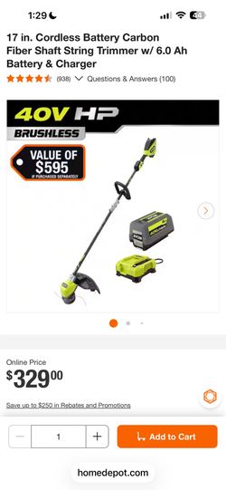 Ryobi 40V HP weed trimmer with carbon fiber shaft, fast charger and 6.0 amp battery