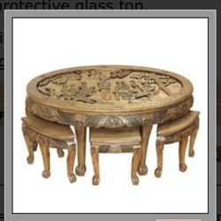 Vintage Carved Oval Oriental Coffee Table w 6 Stools