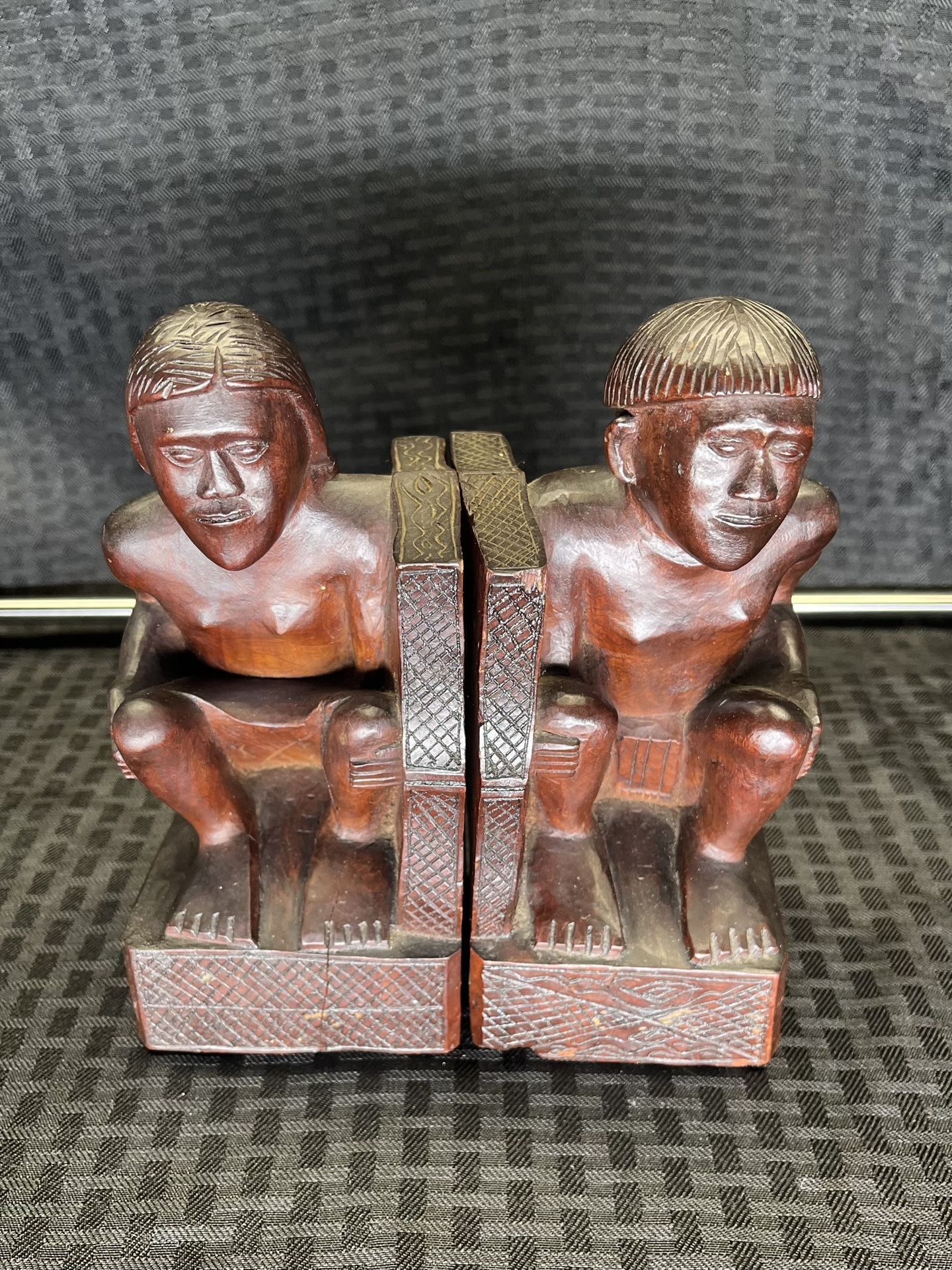 Hand Carved Wooden Pair of Tribal Bookends