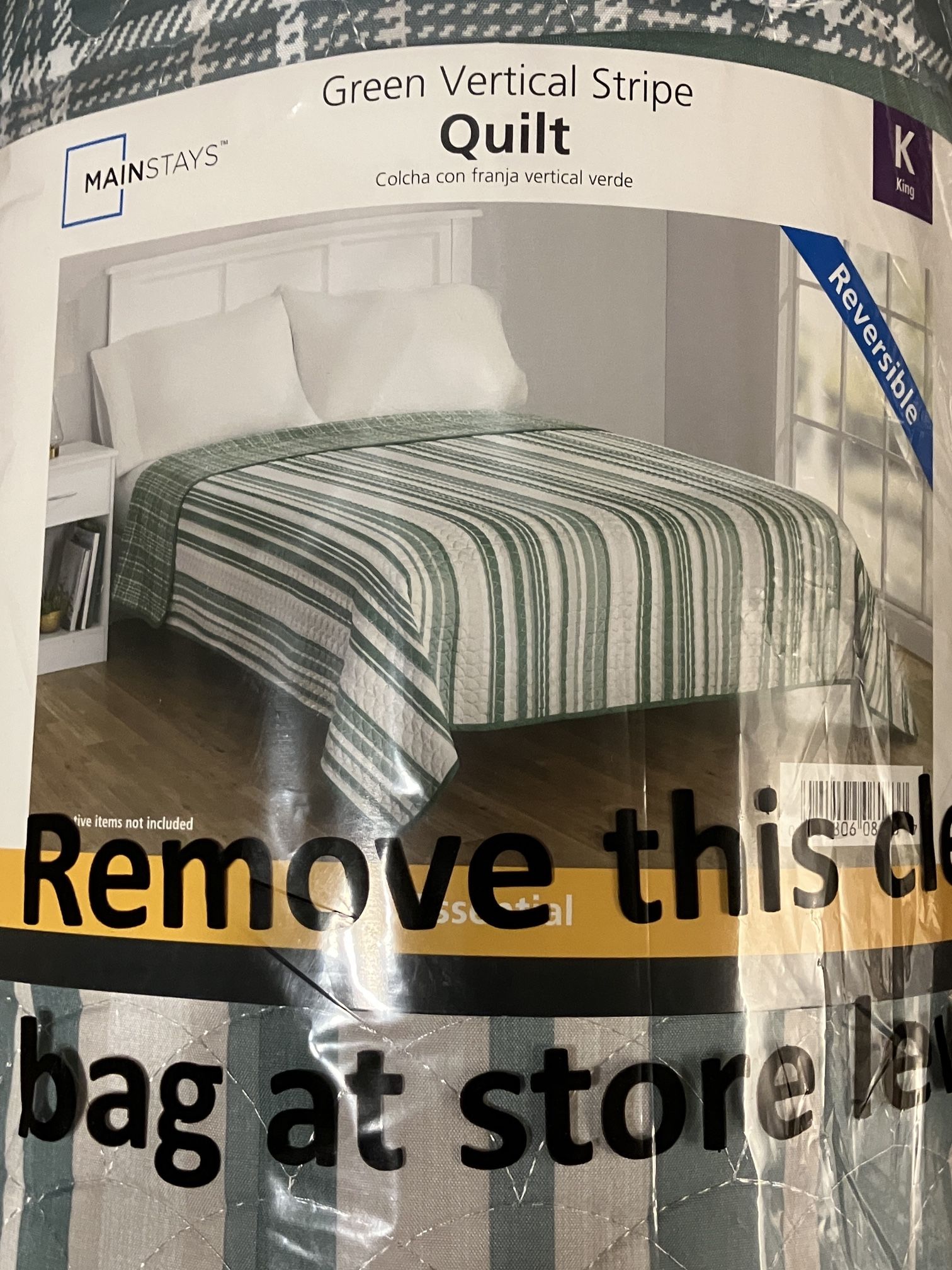 Mainstays King Size (104” X 90”) Green Vertical Stripe Microfiber Quilt, Reversible, Lightweight