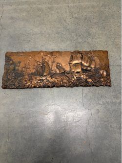 Vintage Copper tone Relief Sailing Ships Wall Art
