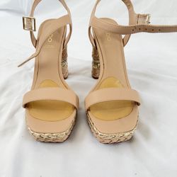 Aldo Gold And Tan Heel Sandals Block Heel