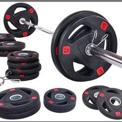 Signature Fitness Cast Iron Olympic 2-Inch Weight Plates Including 7FT Olympic Barbell, 325-Pound Set (280 Pounds Plates + 45 Pounds Barbell)