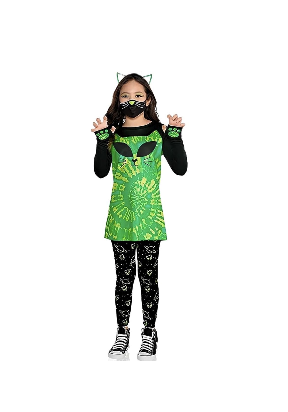 Cosmic Kitty Costume Set - Black, Green & Yellow Polyester Spandex - Perfect for Parties, Halloween & Dress-up🆕✅NEW• Size: L