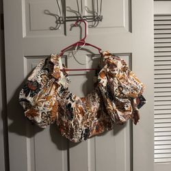 Womens Stick & Feather Puff Sleeve Ruffle Top Peach Size Large NWT