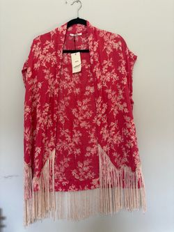 MNG Mango Red Floral Fringe Kimono Wrap Shawl – New With Tags