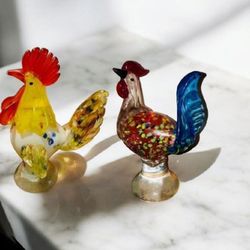 Set of 2 hand blown glass roosters