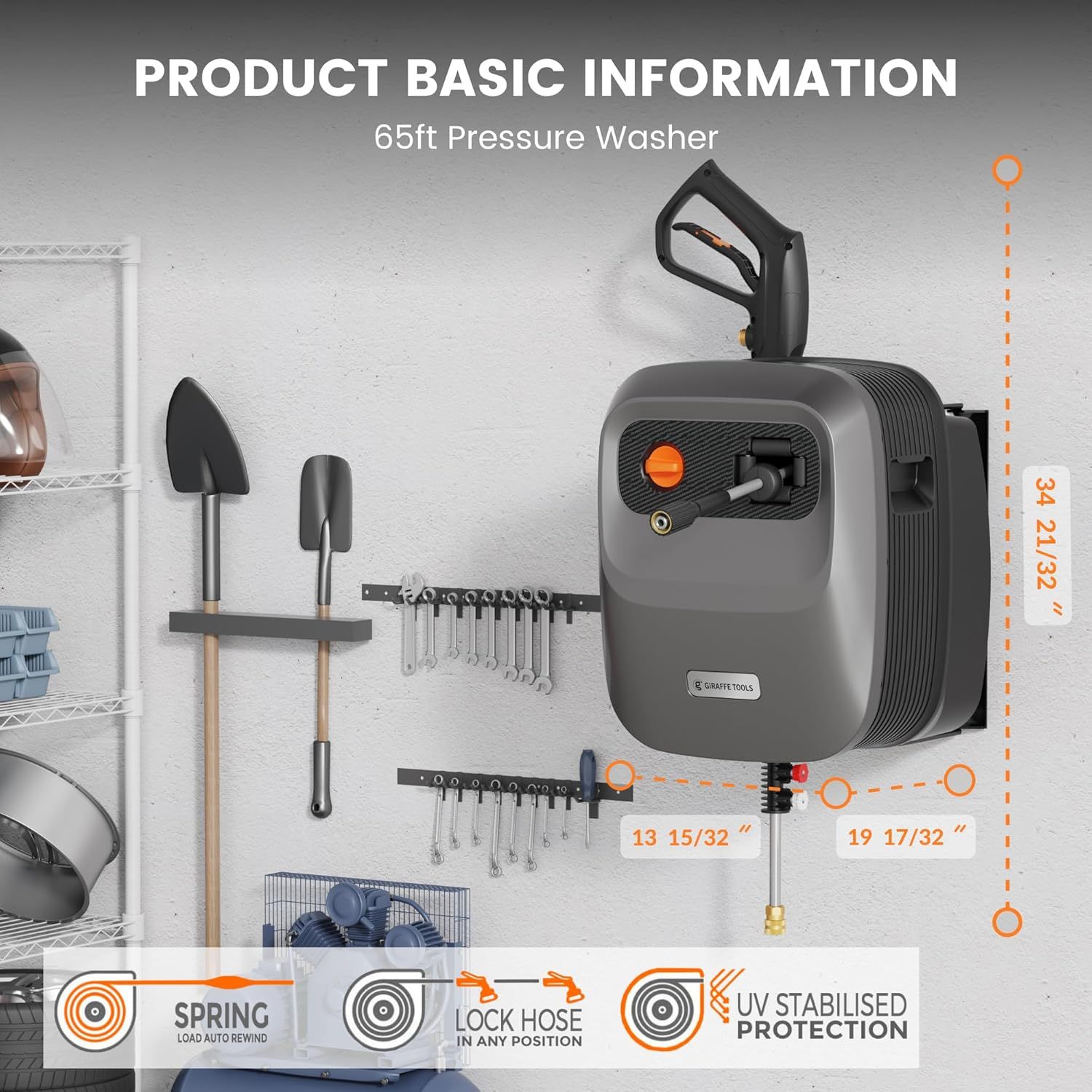 Giraffe Tools Grandfalls Pressure Washer G20 Pro, 2500 PSI 2.2 GPM, Wall Mounted Power Washer with 65FT Hose Reel, Ultra-Soft Pressure Hoses, 4 Nozzle