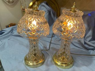Pair of Cut Crystal Table Lamps with Brass Base