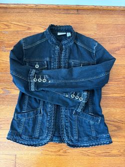 Dark Wash Denim Jacket with Ruffle Detail
