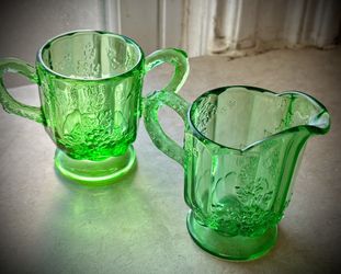 Vintage EAPG Green Glass Sugar Bowl and creamer w/ Grape Pattern