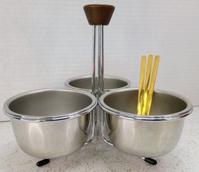 Mid Century Modern 3 Bowl Condiment Side Relish Server Caddy Wooden Handle Complete