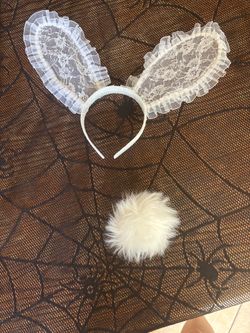 Halloween Costume White Lace Bunny Ears Headband with Fluffy Tail