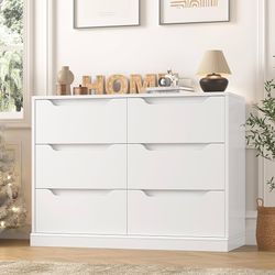 Modern 6 Drawer Dresser for Bedroom, Double Chest of Drawers with Storage, Large Wooden Storage Dresser Organizer with Cut-Out Handles, Accent Storage