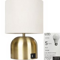 Minimalist Night Stand Light Lamp with Type-C and USB Ports, Gold Modern Desk Table Lamp with cream corduroy fabric lampshade Smal Lamp H9.5”