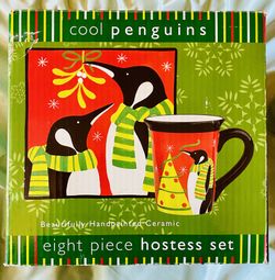 Cool Penguins 8 piece Christmas holiday hostess dish set with extra bonus mug