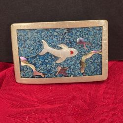 Vintage TAXCO Marked  Silver Belt Buckle With Crush Inlay Design Of Fish
