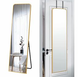 57x16" Full Length Mirror Floor Stand,Over the Door,Wall Mounted Gold HD Crystal Clear Tempered Glass,Aluminum Frame,Full Body Dressing Make-Up Mirror