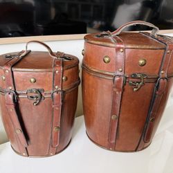  vintage brown leather wooden picnic wine carrier / storage box 