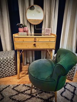 Bamboo Vanity + Green Velvet Stool Set