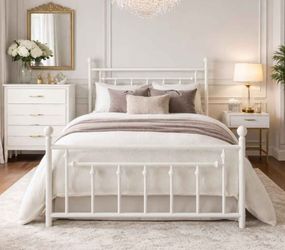 Full bed Metal Platform Bed Frame/Vintage Iron-Art Headboard and Footboard/Mattress Foundation for Storage/No Box Spring Needed/Noise-Free/Easy Assemb