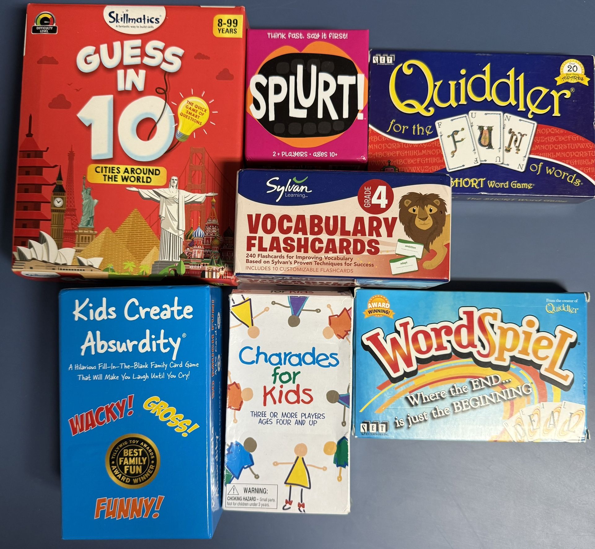 7 Different Card Game. WordSpiel, Splurt, Quiddler, Kids Create Absurdity & Guess in 10 Cities Around The World, Charades for Kids, 4th grade vocabula