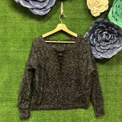 Express Black And White V Neck Lace Up Sweater Size Medium 