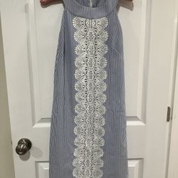 London Times Seersucker & Crochet Lace Blue & White Dress