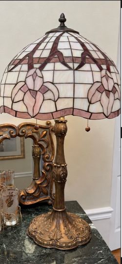 Tall Vintage Tiffany Style Stained Glass Lamp with Bronze Base