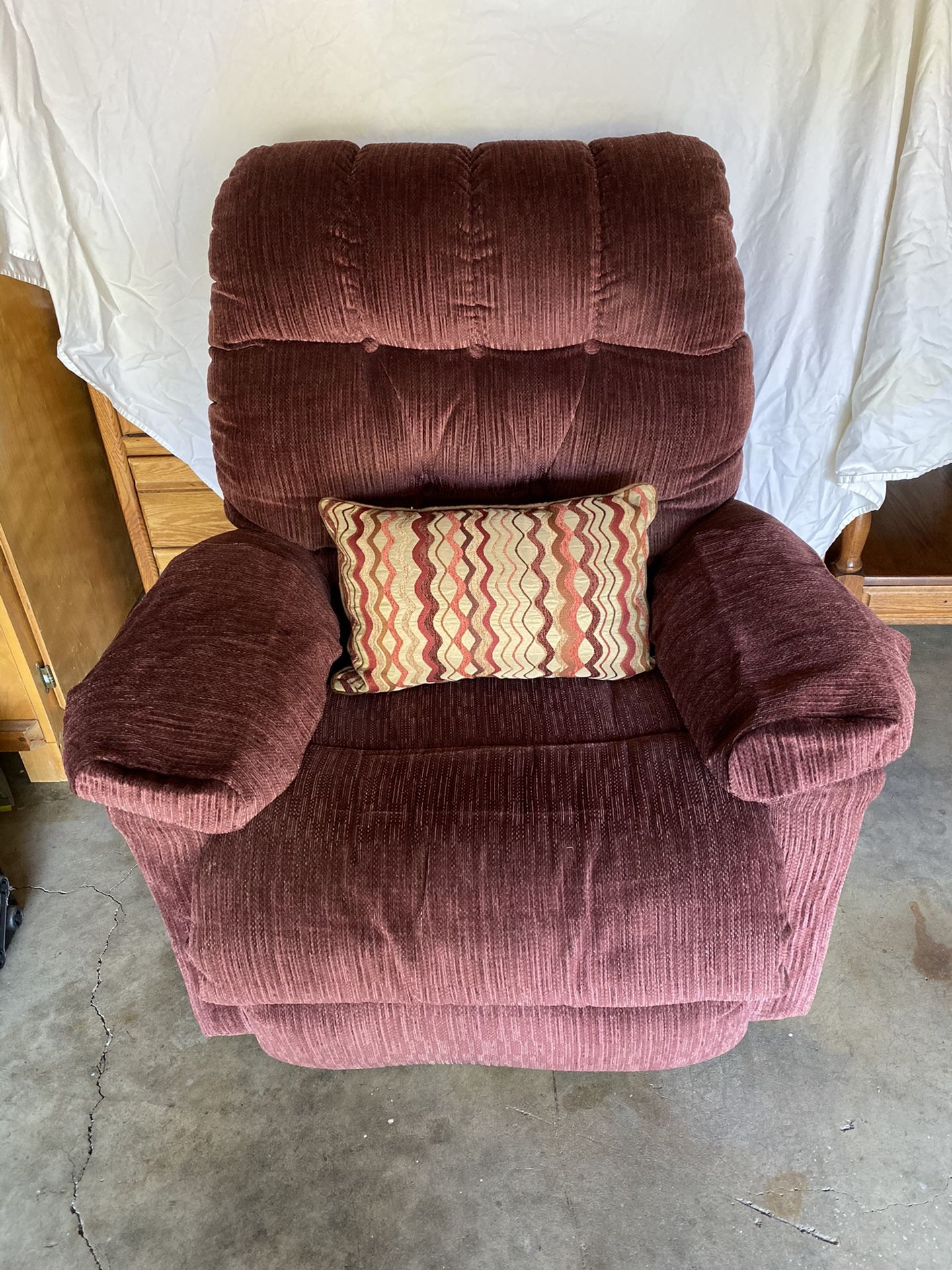 Burgundy fabric recliner- $20